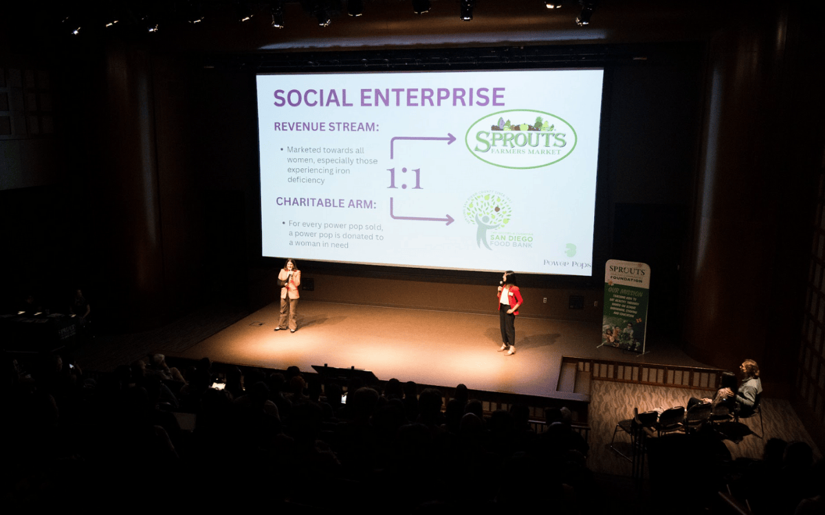 Students pitching a social venture on stage