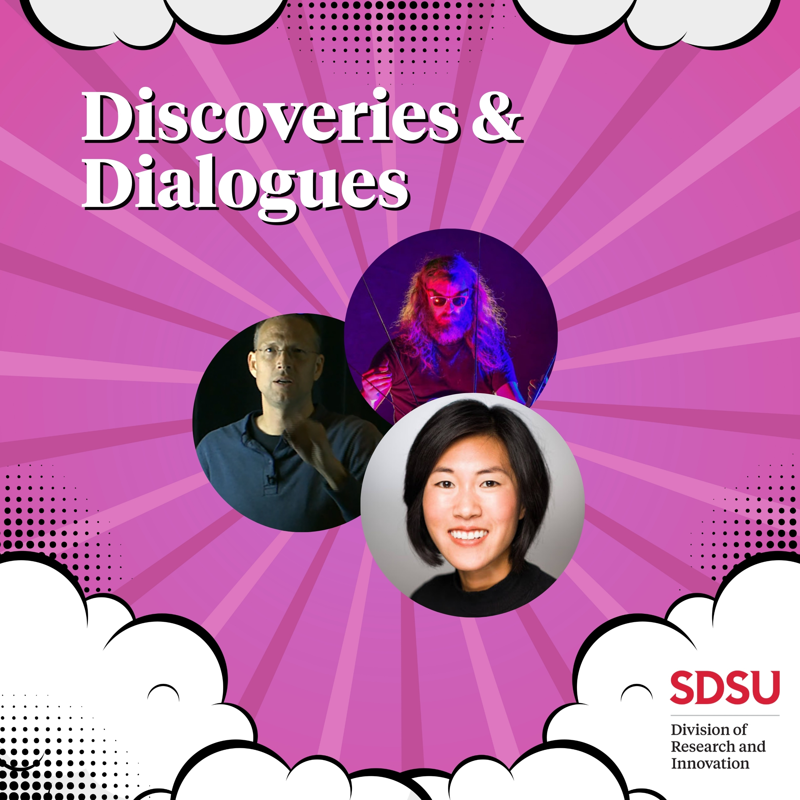 Oct .1 Discoveries and Dialogues Promotional Image Three headshots of speakers on background of pink rays of light emerging from clouds