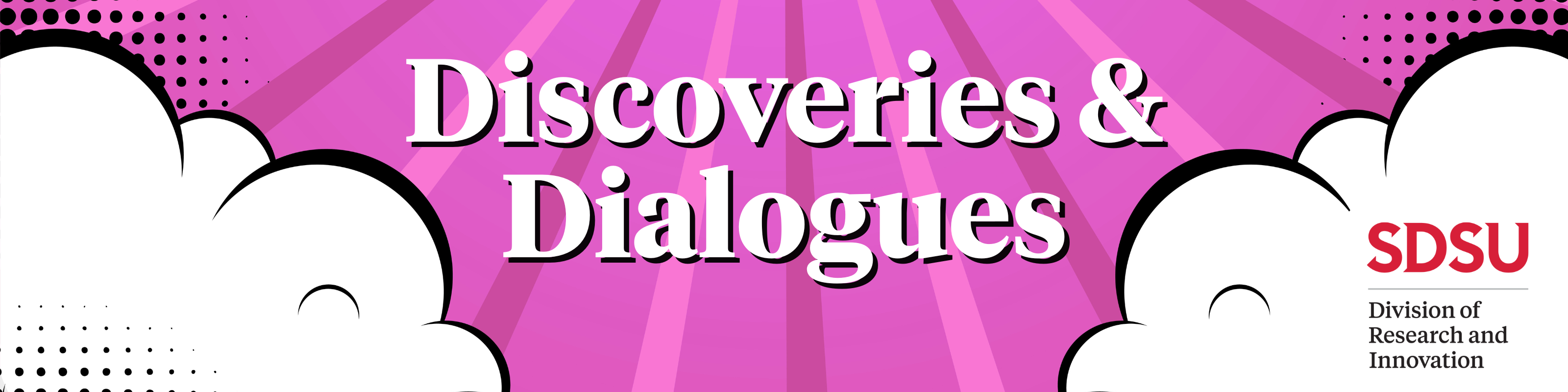 Pink rays of light emerging from clouds in background; in foreground, white text that reads Discoveries and Dialogues