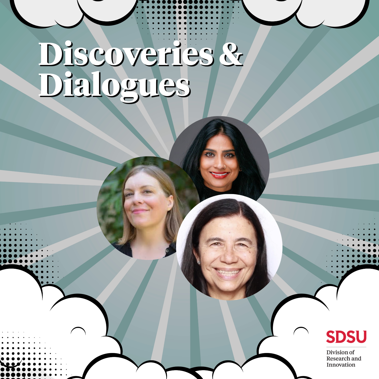 Teal, white and grey rays of light background with headshot photos of three women in the foreground. Clouds are visible in the corners