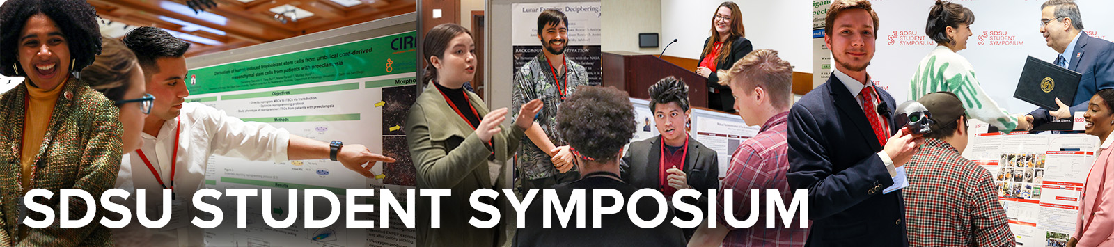 Multiple images together of students smiling while presenting their research at the SDSU Student Symposium