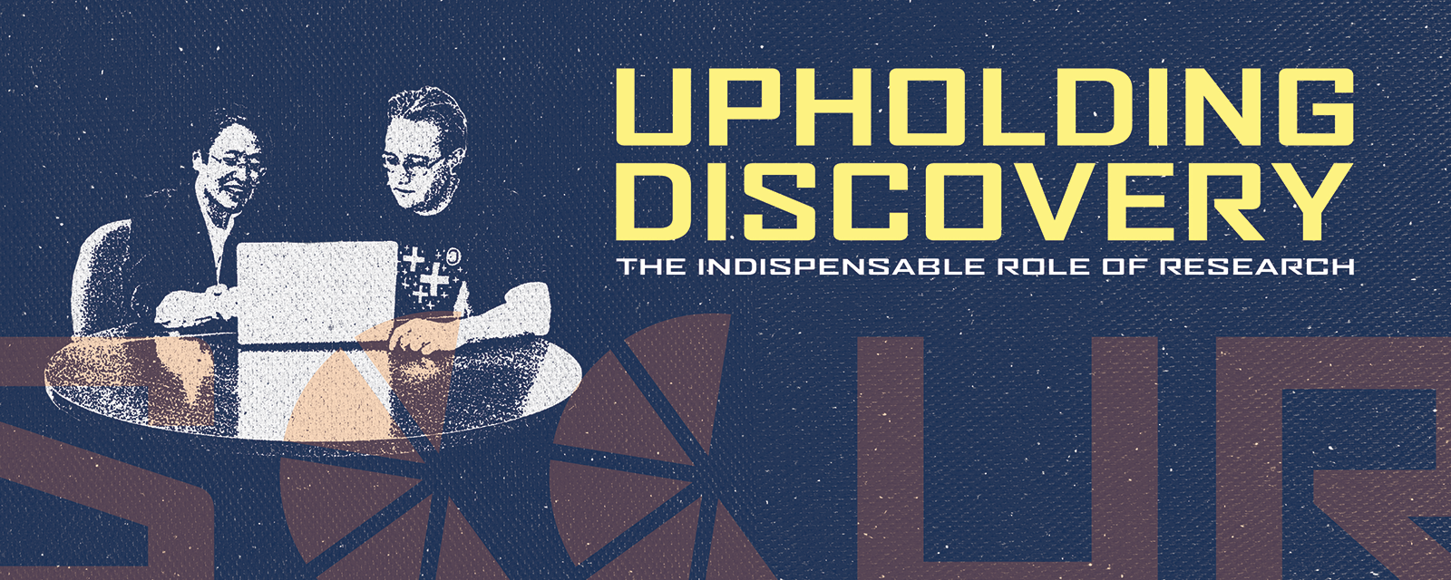 SCCUR 2026 event banner with two people sitting at a table looking at a laptop on a dark blue denim-esque background with the theme "Upholding Discovery: The Indispensable Role of Research"