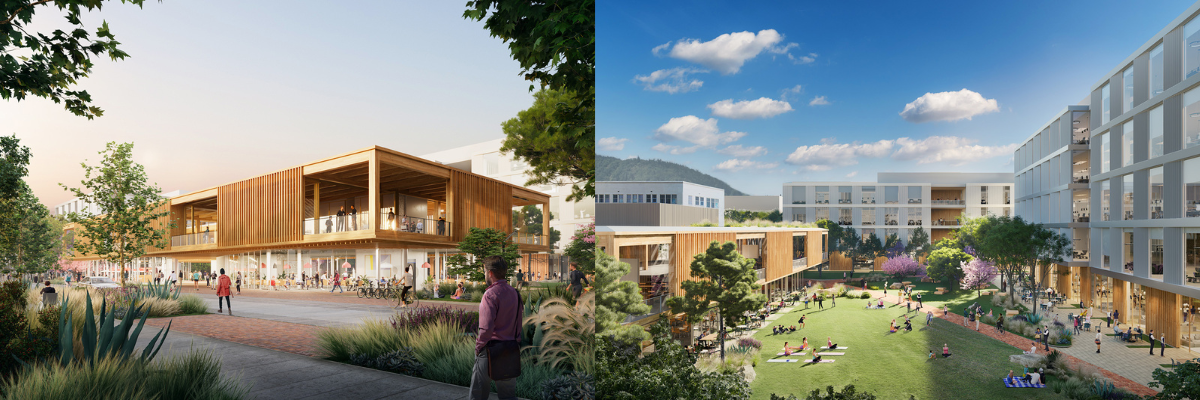 Two renderings of the Entrepreneurship Hub - a modern wood and glass building. On the left, the focus is the building itself with people milling about and a larger building in the background. On the right, the focus is the courtyard between the Hub and the office building behind it; mountains and a blue sky dotted with clouds are in the background.