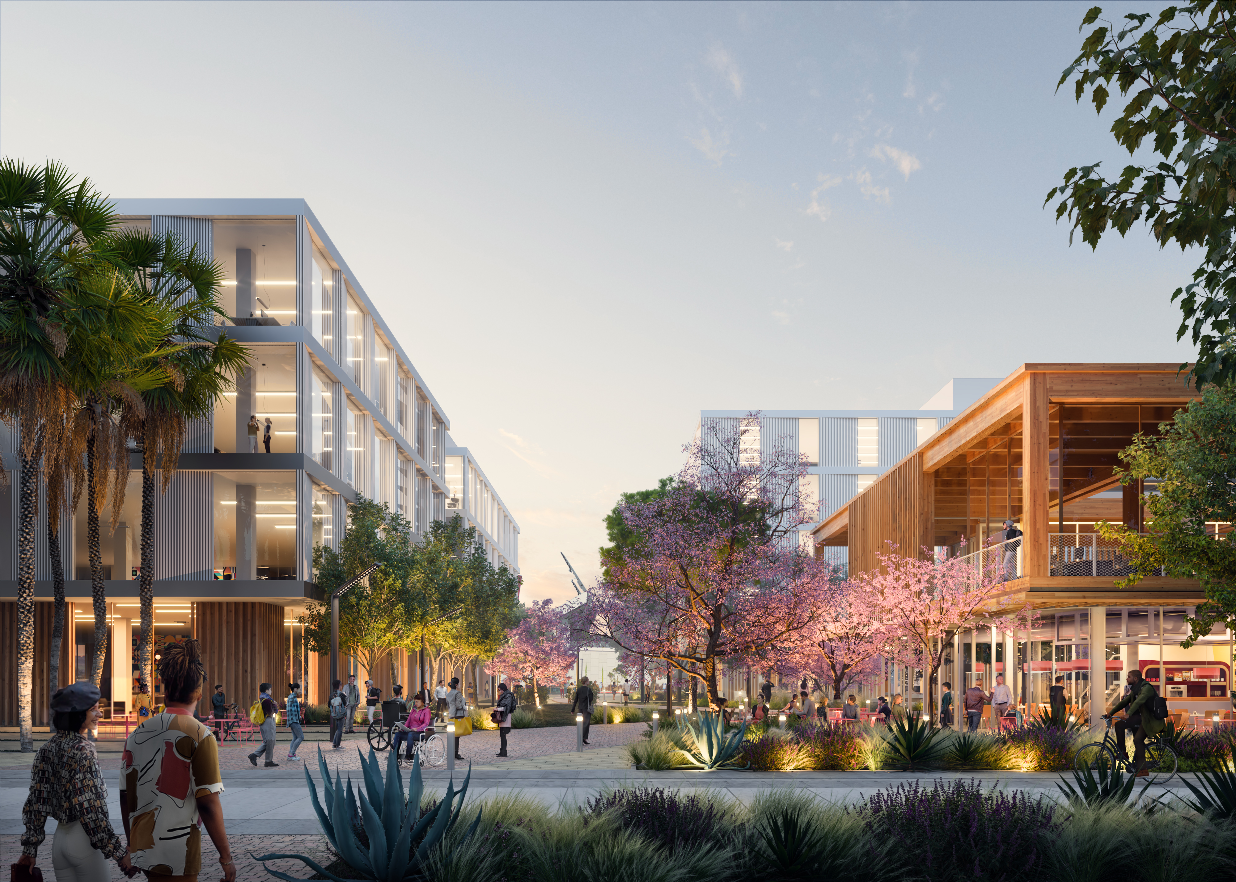 Mission Valley Innovation District Rendering with people milling about modern office buildings