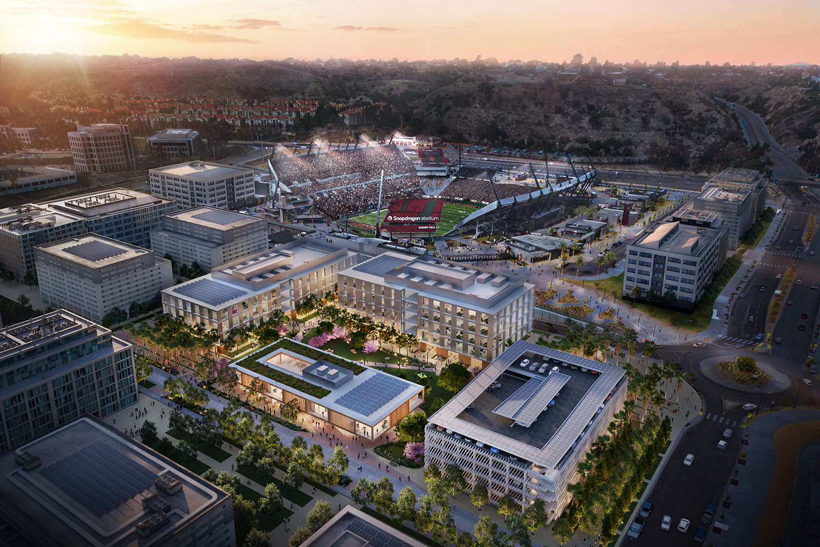 Mission Valley Aerial Rendering (LPC West; Design: Lever/FPBA/JCFO; Image by E Studio Nod)