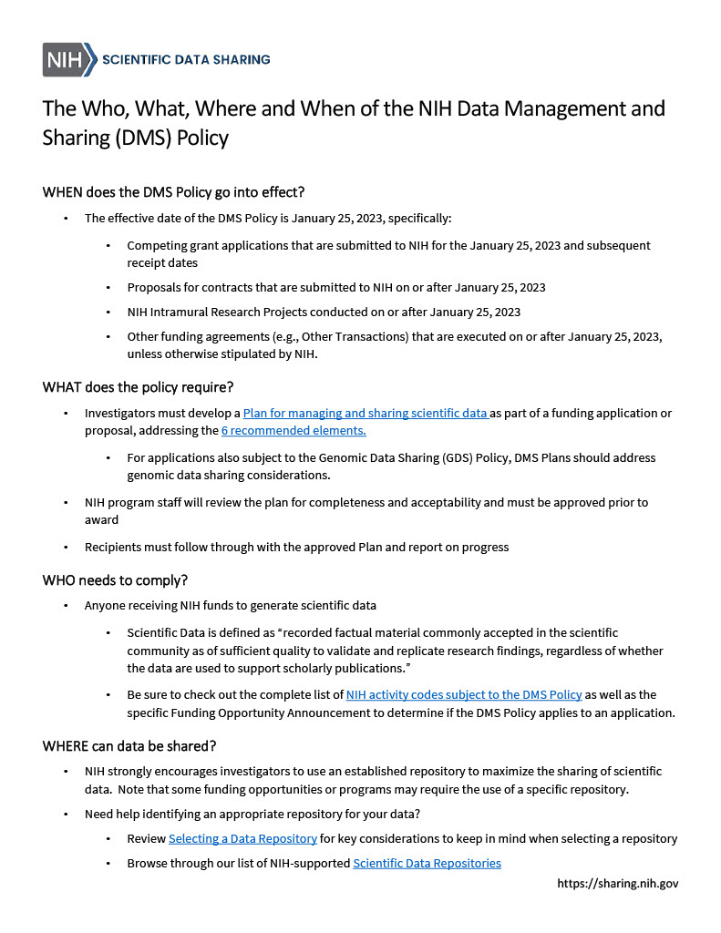 The Who, What, Where and When of the NIH Data Management and Sharing (DMS) Policy